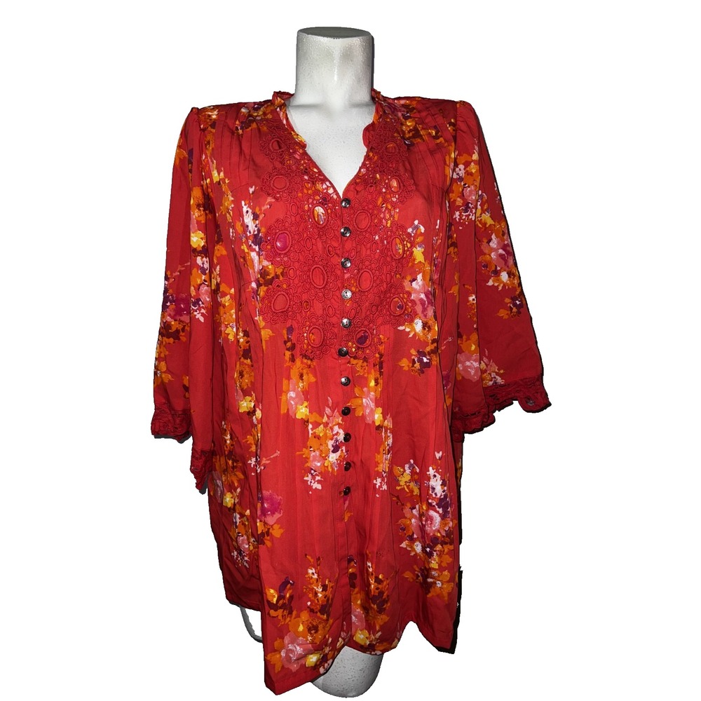 Roaman's‎ Red Floral Crochet Lace Pintuck Tunic Blouse Plus Size 16W Womens Top